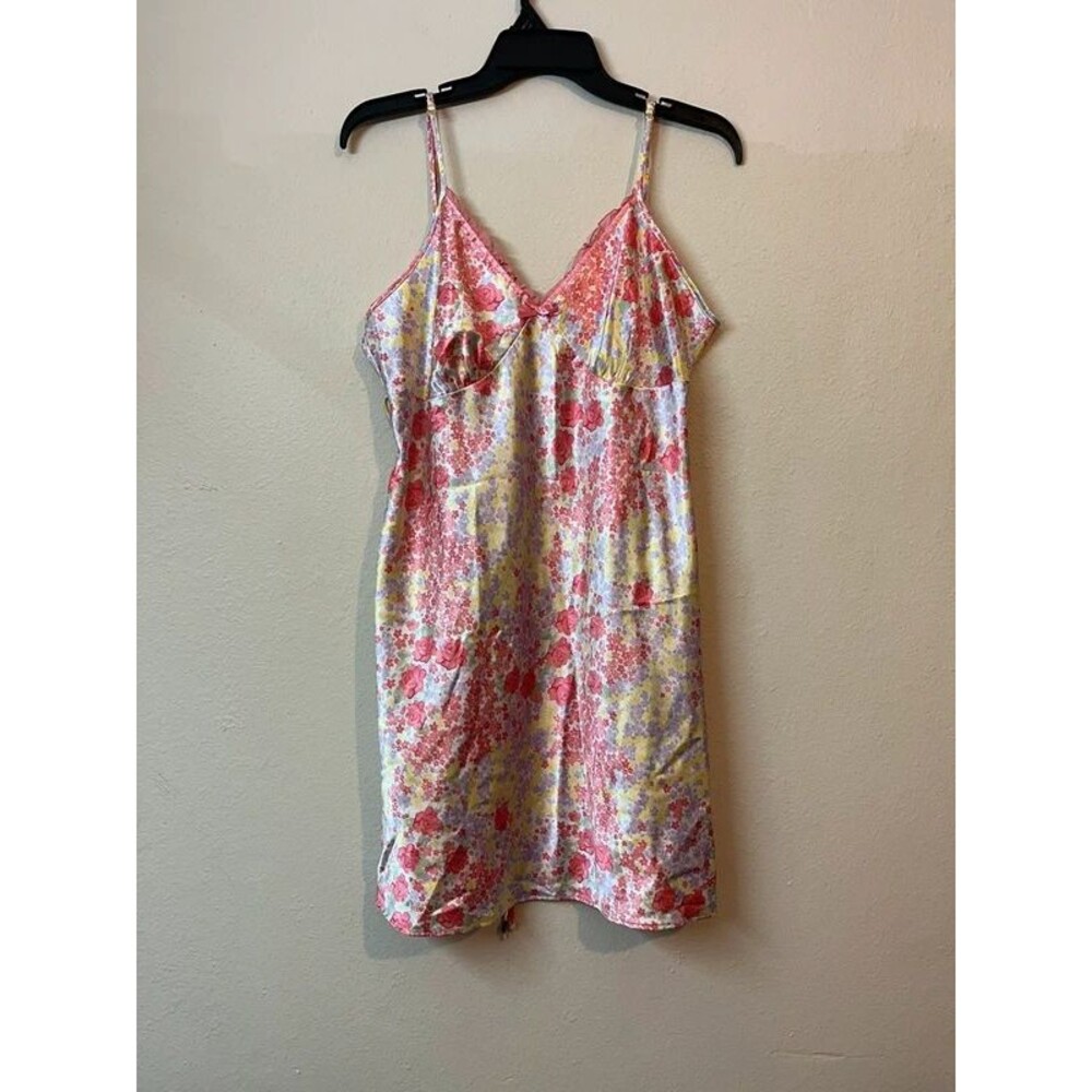 Adonna Pink Floral Satin Slip Dress X-Large Retro Vintage Cute Bow